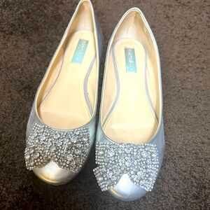 Betsey Johnson Silver Flats with Rhinestone Bows